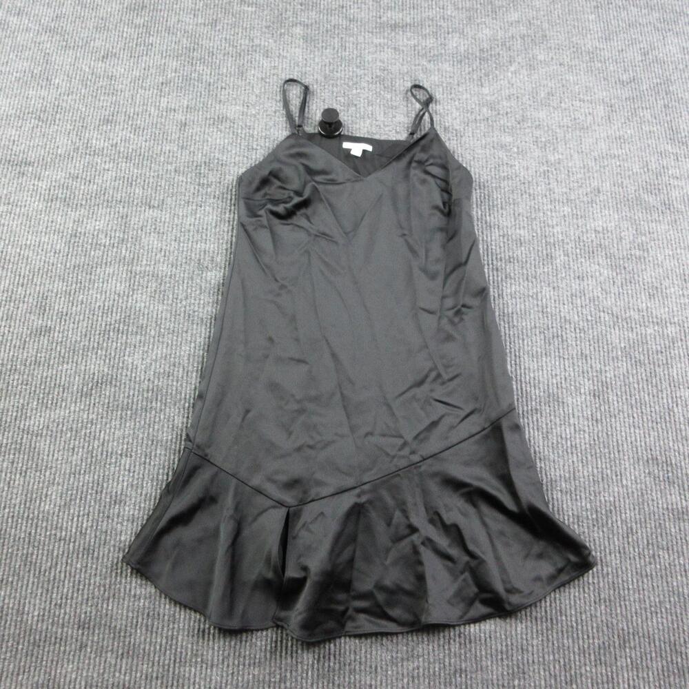 Bar III Dress Womens XS Black Slip Dress Satin V-Neck Strappy Ruffle Lined